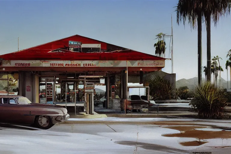 Image similar to natural american landscape | abandoned gas station | palm trees | snowy mountains, painting by syd mead and weta studio and james jean, frank frazetta, highly detailed, rule of third, soft lighting, 8 k resolution, oil on canvas, architectural magazine, beautiful detailed, insanely intricate details, artstation trending, hypermaximalistic, high details, cinematic