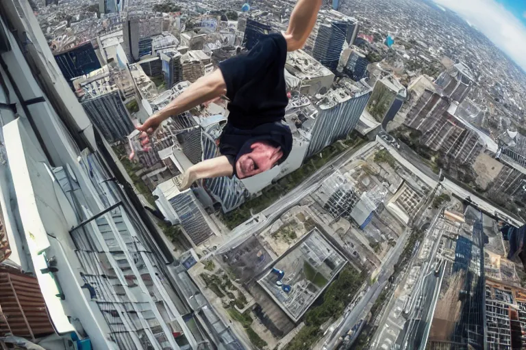 Prompt: first person perspective pov of parkour at high buildings