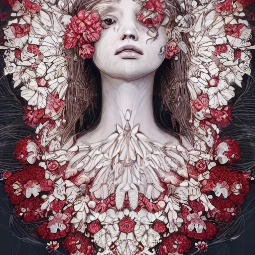 Image similar to the portrait of an absurdly beautiful, graceful, elegant, chaste, young woman made of strawberries and white petals looking up, an ultrafine detailed illustration by kim jung gi, irakli nadar, intricate linework, bright colors, octopath traveler, final fantasy, angular, unreal engine 5 highly rendered, global illumination, radiant light, detailed and intricate environment