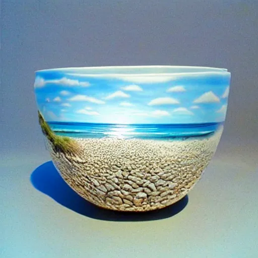 Image similar to a beach and ocean and sky in a ceramic bowl, hyper realistic, highly detailed, photorealism, microcosm, diorama