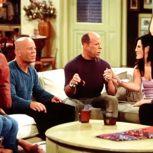 Prompt: bruce willis makes a guest appearance on friends in Monica's living room with all the friends in the room
