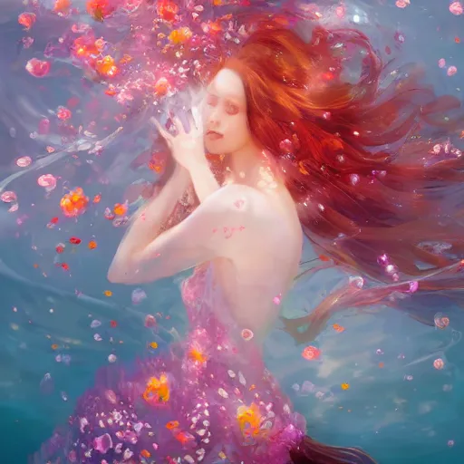 Prompt: Ginger woman in a swirling sundress of flowers, underwater, floral explosion, radiant light, vortex of plum petals, by WLOP and artgerm, artstation, deviantart, pixiv