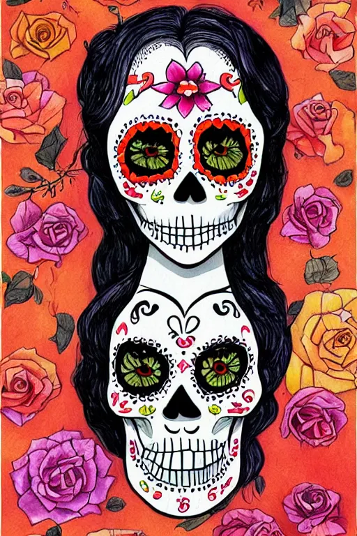 Prompt: Illustration of a sugar skull day of the dead girl, art by david wiesner