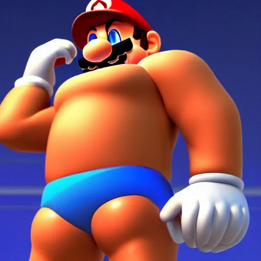 Prompt: Amazing detailed render of a shirtless Super Mario as a body builder in a weight lifting competition, extremely muscular, steroids, veins popping out, lifting a massively oversized weight, a crowd is cheering in the background, 3D, unreal engine, HDR, massive muscles, detailed face with moustache, detailed eyes with pupils
