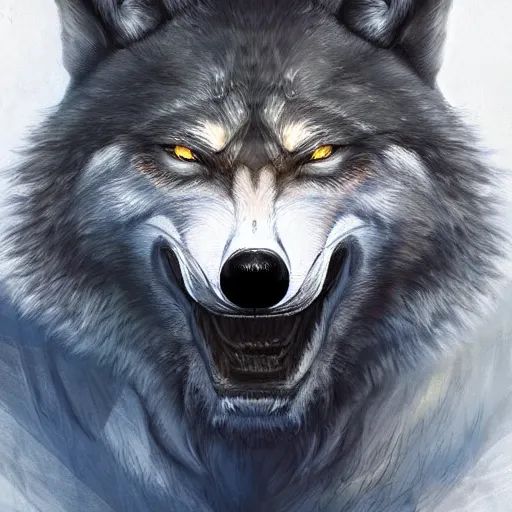 Image similar to alpha wolf head, scarred eye, head, digital art, highly detailed, artstation