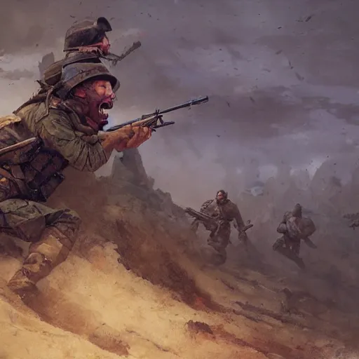 Image similar to a soldier screaming during an battlefield, Matte painting , detailed painting, greg rutkowski