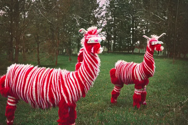 Image similar to a photo of a giant mutant candy cane llama in its natural habitat, kodak ektachrome e 1 0 0 photography