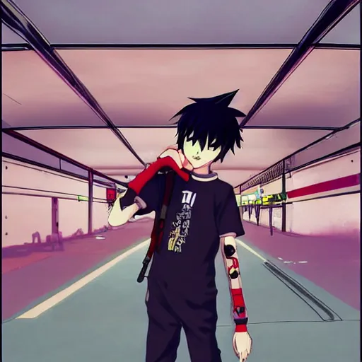 Image similar to japanese emo boy, anime boy, black hair, spiky hair, weird clothing, rollerblading, rollerskates, cel - shading, 2 0 0 1 anime, flcl, jet set radio future, golden hour, japanese town, concentrated buildings, japanese neighborhood, construction site, cel - shaded, strong shadows, vivid hues, y 2 k aesthetic