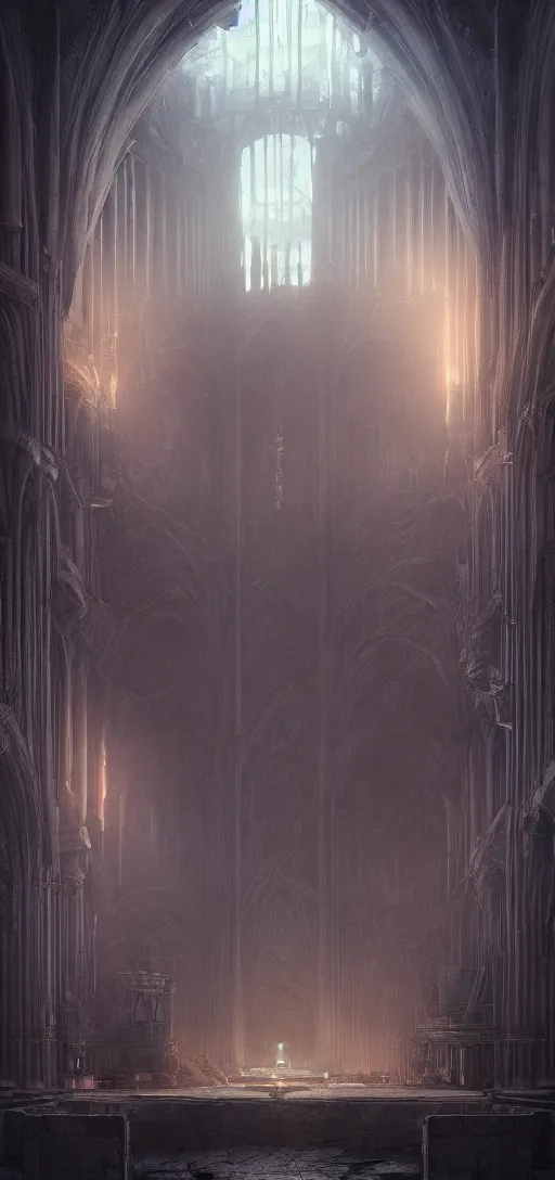 Image similar to pipe organ in an sunken cathedral, obsidian walls with silver trim, smoke, fog, unearthly light, by peter mohrbacher dan mumford craig mullins nekro, cgsociety, pixiv, volumetric light, 3 d render, smoke, dark fog, sunset colors