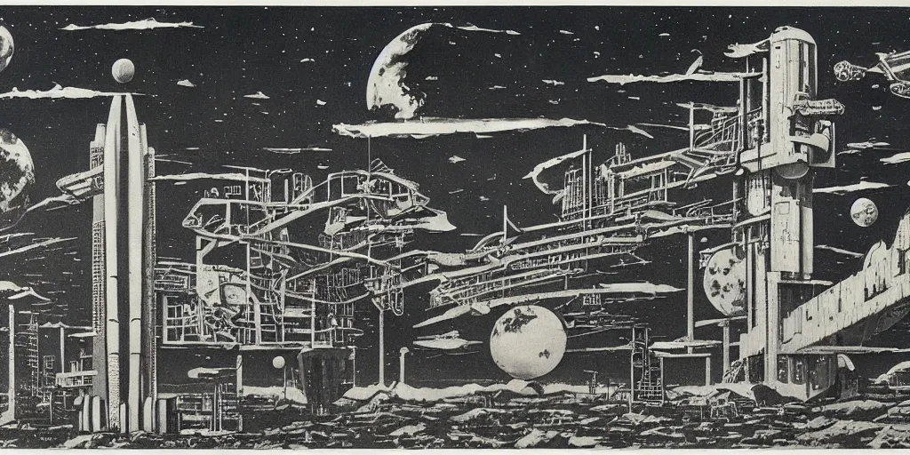 Prompt: huge brutalistic soviet space station by le corbusier, by joe penton, virgil finlay