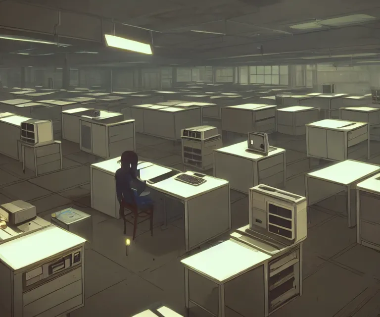 Image similar to an interior room with old pc computers stacked on the walls and desks, makoto shinkai, dusty