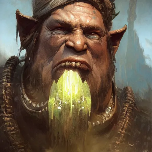 Image similar to a friendly orcish merchant, green skin and tusks, fantasy character portrait by greg rutkowski, gaston bussiere, craig mullins