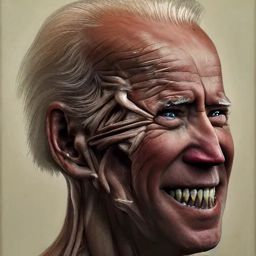 Image similar to a portrait of joe biden, flesh eating worms, macabre, horror saw teeth, horror rotten teeth, peeling face skin, by donato giancola and greg rutkowski and wayne barlow and zdzisław beksinski, realistic face, visible face, digital art, artstation, symmetry