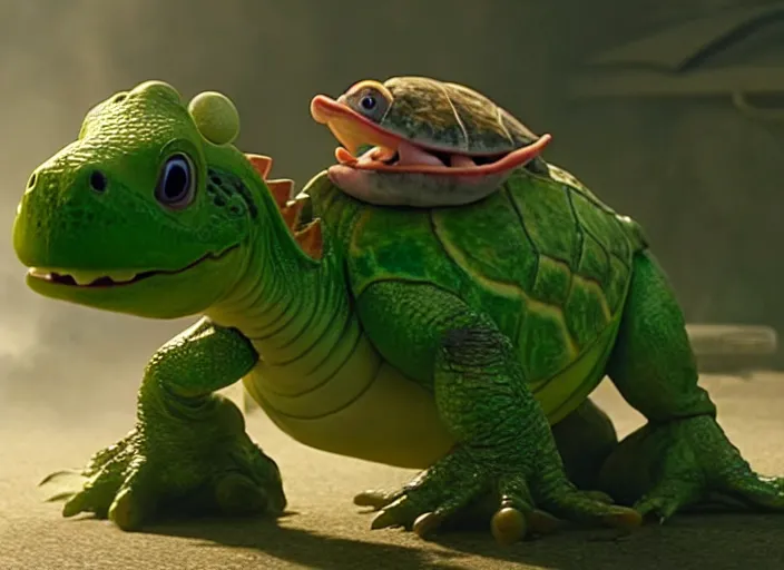 Image similar to film still of yoshi in the new sci - fi movie, cute upright dinosaur with a small turtle shell and long tongue, 8 k