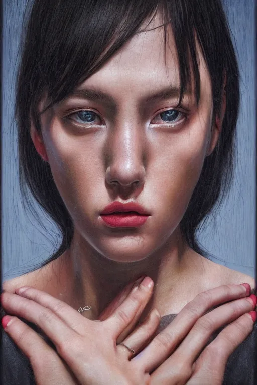 Prompt: hyperrealism oil painting, portrait fashion model, sad eyes, in style of classicism mixed with 8 0 s sci - fi japanese books art