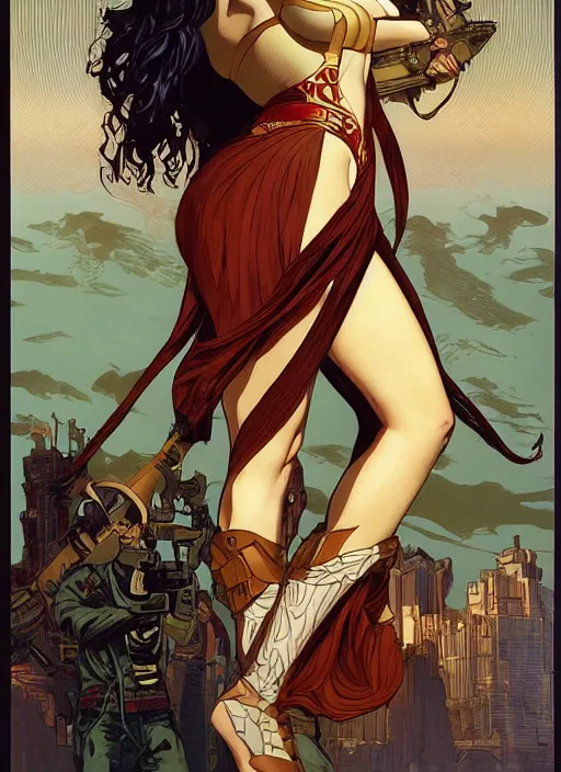 Prompt: slim young april with a mischievous face and long chesnut wavy hair dressed as a superhero in her early twenties, posing with her arms tucked behind her back, lady liberty, tight fit, curvaceous, intricate detailed face, shiny, art by joshua middleton and greg rutkowski and alphonse mucha