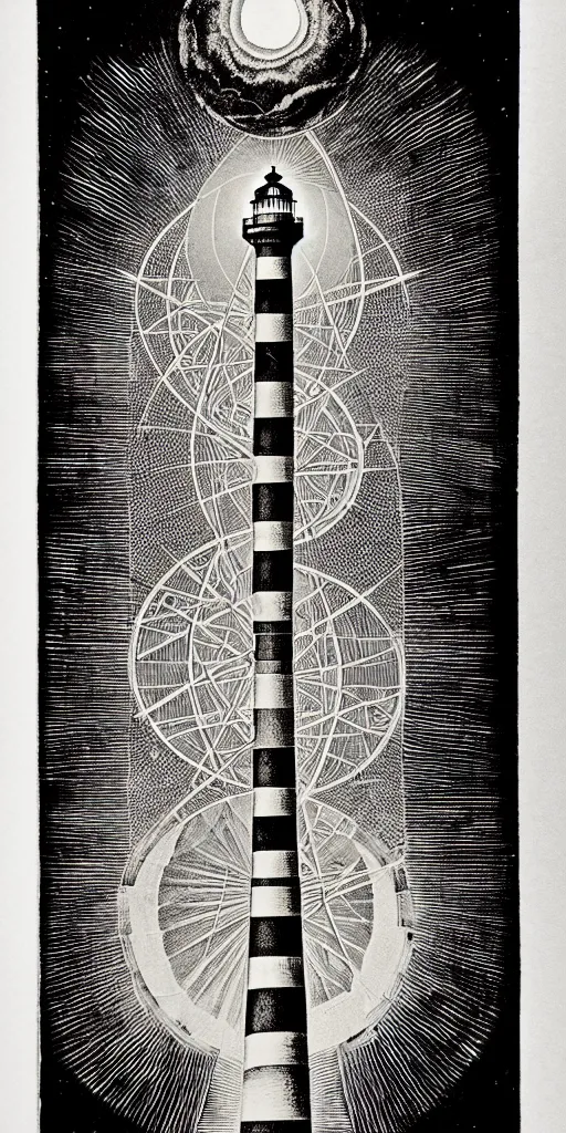 Image similar to an epic lighthouse radiates a unique canto'as above so below'while being ignited by the spirit of haeckel and robert fludd, breakthrough is iminent, glory be to the magic within, in honor of saturn, painted by ronny khalil