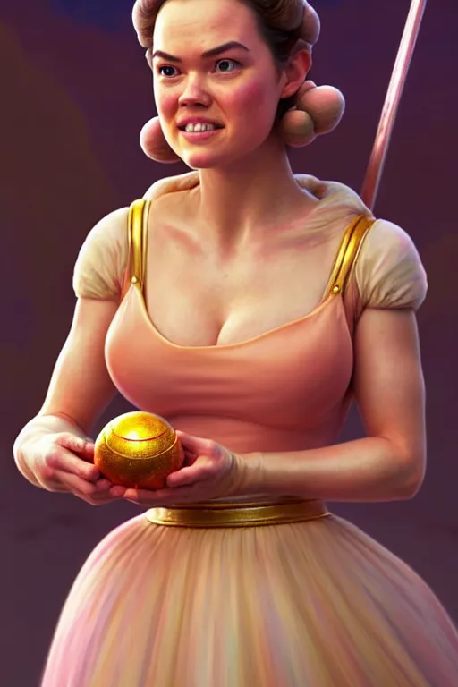 Image similar to polished sweaty princess peach : : daisy ridley face : : kate upton body : : weta disney pixar movie still photo : : hi - fructose, sci fi, fantasy, decadent highly - detailed digital painting, golden ratio, octane render, artstation, smooth, sharp focus, artgerm, mucha, loish, wlop : :