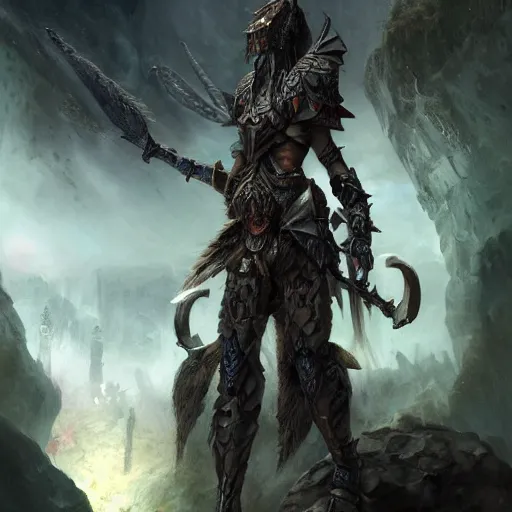 Image similar to A warrior with edgy armor standing in caves made of skulls. sharp focus, extravagant matte painting, highly detailed oil painting, 8k, devastatingly beautiful atmosphere, elegant cinematic fantasy art, overwhelming depth and detail, soft colors, masterpiece
