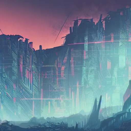 Prompt: detailed dystopic cyberpunk illustration of steep long zig - zag path to an evil sharp fantasy castle over a high dark blue hill, orange to pink gradient sky and thunderstorm background. forest underneath