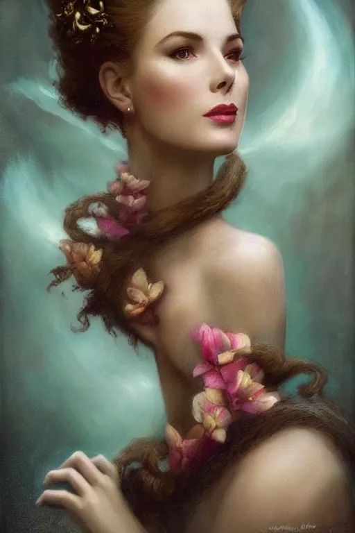 Image similar to a young and extremely beautiful grace kelly infected by night by tom bagshaw in the style of a modern gaston bussiere, art nouveau, art deco, surrealism. extremely lush detail. melancholic scene infected by night. perfect composition and lighting. sharp focus. profoundly surreal. high - contrast lush surrealistic photorealism. sultry and mischievous expression on her face.