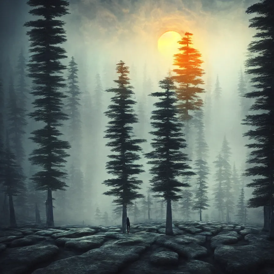 Image similar to fantastic abstract artwork of one natural path leading to the horizon through supernatural pines down skyhigh rocky mountains towards a majestic sunset over the ocean. atmospheric foggy landscape, appeasing tones, psychedelic, ultra realistic, concept art, modern art, photorealistic, octane render.