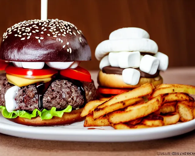 Image similar to dslr food photograph of burger with a layer of marshmallows in it, chocolate sauce, 8 5 mm f 1. 4