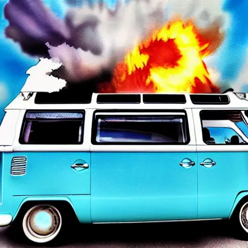 Image similar to a fisheye perspective caricature watercolor painting of a vw volkswagen bus, camper, bulli, type - 2, microbus, kombi, flying towards the camera, jumping at the viewer, dynamic action shot, fish eye lense, frontal, a dramatically erupting vulcano is seen in the background