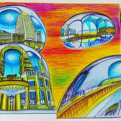 Image similar to Accurate and realistic representation of a city trapped inside a crystal clear dome. Harmonic colored disposition, expertly blended and shaded. HD. 8k. 4.k HQ. UHD . Colored pencils and color inks on two joined sheets of paper