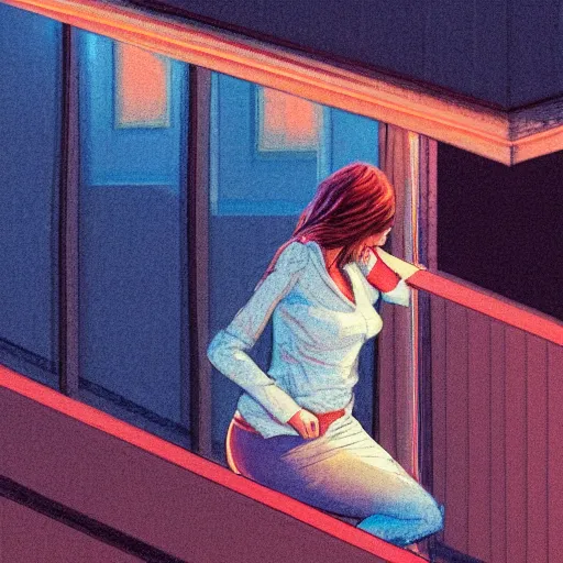 Image similar to a beautiful artwork of a woman in jeans and white shirt sitting on the balcony of a hotel at night, top view, neon and rainy theme atmosphere by Jerome Opeña, featured on artstation