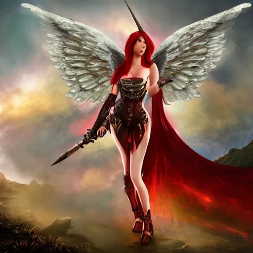 Prompt: woman - unicorn horn hybrid red angel wings, calm, fiery scenery, full body armor, sparky metallic, unreal engine 5, cinematic lights, high detail, fantasy classic digital art, botticelli style