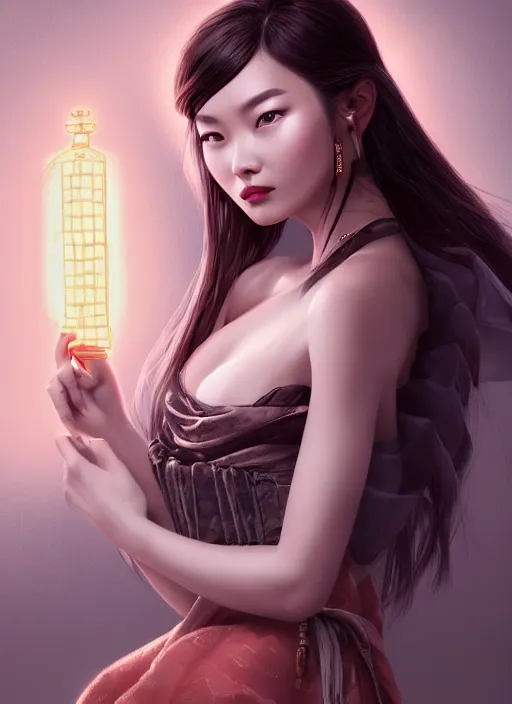 Image similar to beautiful fashion girl in ancient china, strapless dress, character portrait in the style of thomas river and artgerm, wlop, cinematic lighting, hyperdetailed, 8 k realistic, symmetrical, global illumination, radiant light, halo, love and mercy, frostbite 3 engine, cryengine, dof, trending on artstation, digital art, chanel