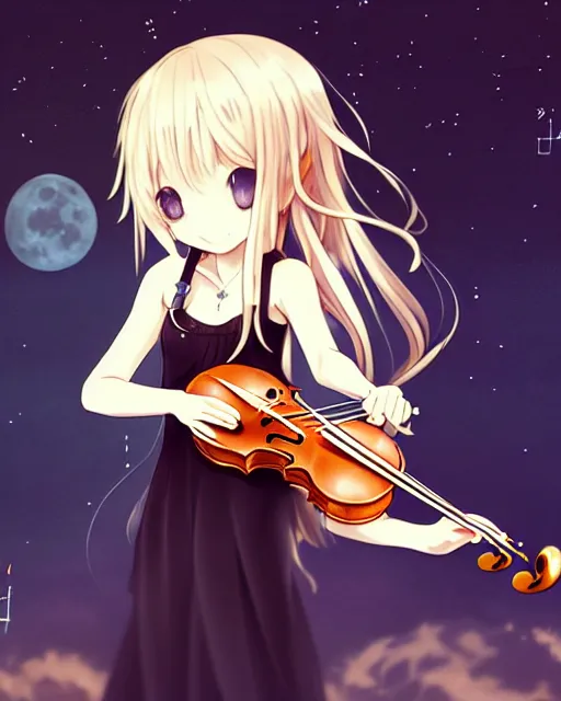 Image similar to chibi, cute, melancholy, full body, cat girl with white skin and golden long wavy hair holding a violin and playing a song, stunning art style, filters applied, lunar time, night sky, trending art, sharp focus, centered, landscape shot, fate zero, simple background, studio ghibly makoto shinkai yuji yamaguchi, by wlop