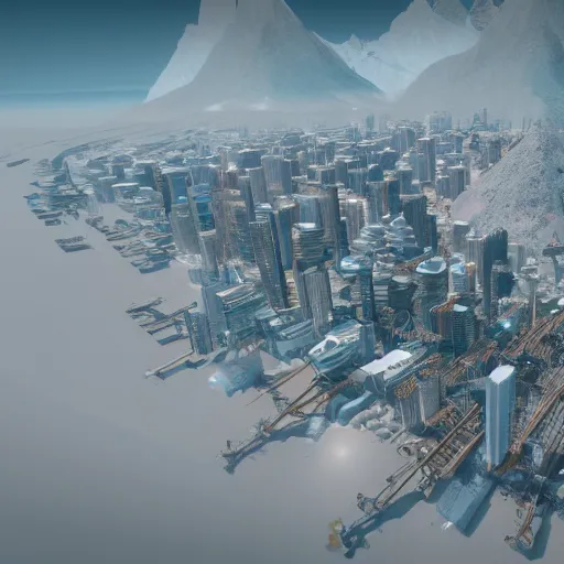 Prompt: A coastal city near some snow-capped mountains, sci-fi, space elevator, 8k photorealistic