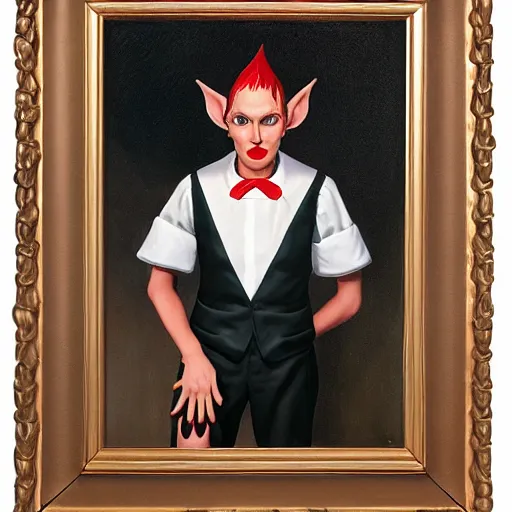 Image similar to portrait of a nonbinary actor with tanned skin and spiky short red hair wearing a men's suit, she has elf ears and gold eyes, by Gerald Brom and Grant Wood