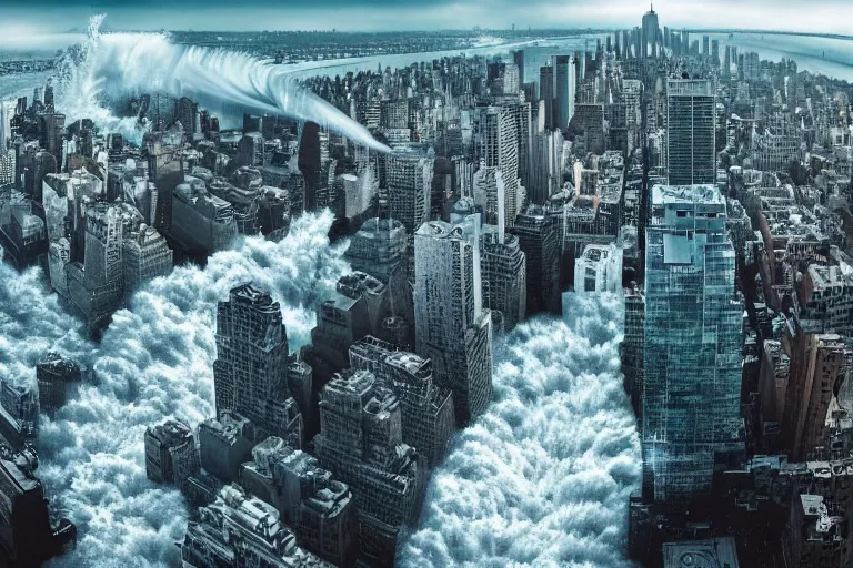 Prompt: tsunami crashing over manhattan, water flowing everywhere, bird's eye view, wide shot, cinematic, realistic style, very detailed