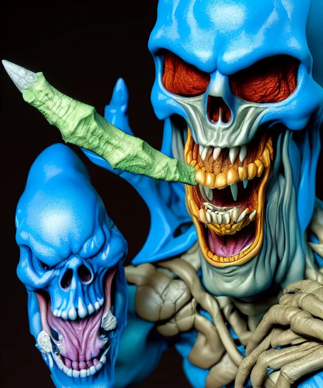 Image similar to hyperrealistic rendering, skeletor, by art of skinner and richard corben and jeff easley, product photography, action figure, sofubi, studio lighting, colored gels