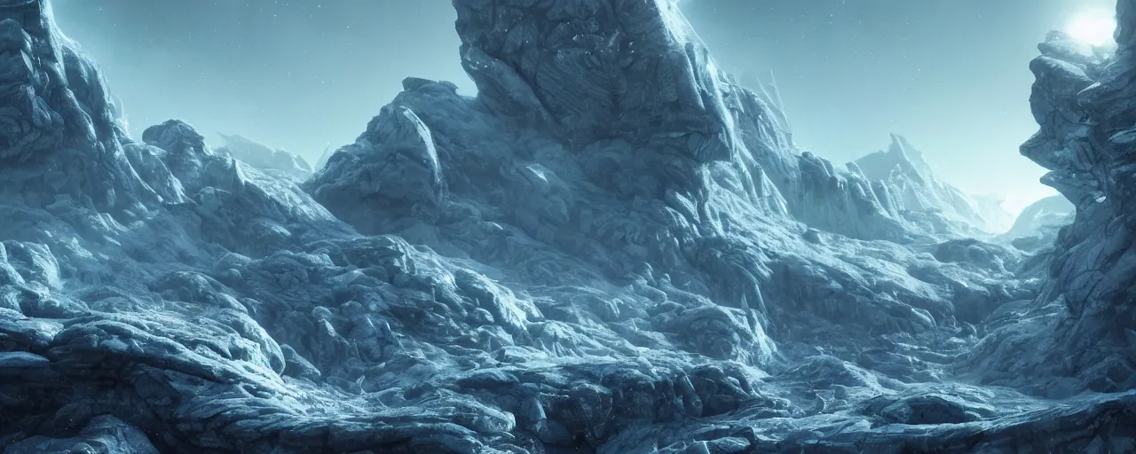 Image similar to ” glacier alien landscape, [ cold, cinematic, detailed, epic, widescreen, opening, establishing, mattepainting, photorealistic, realistic textures, octane render, art by slop and paul lehr ] ”