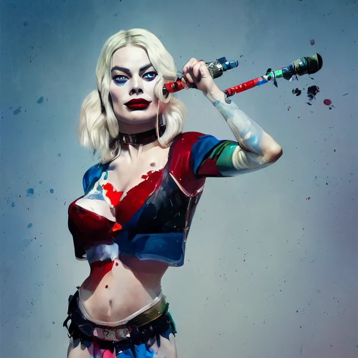 Image similar to portrait of Margot Robbie as a harley quinn. intricate abstract. intricate artwork. by Tooth Wu, wlop, beeple, dan mumford. octane render, trending on artstation, greg rutkowski very coherent symmetrical artwork. cinematic, hyper realism, high detail, octane render, 8k, iridescent accents