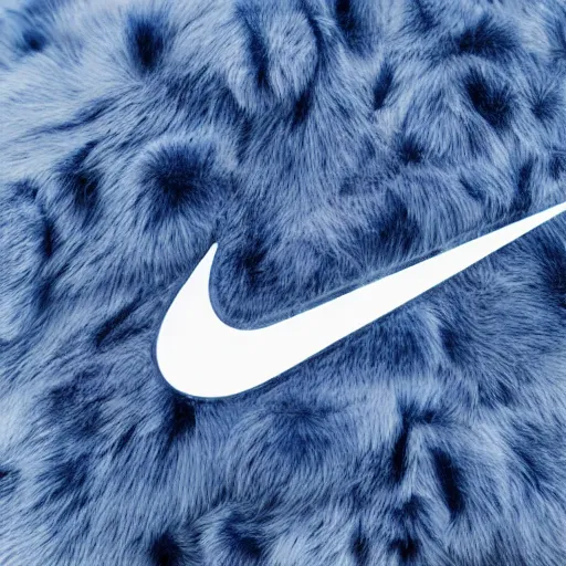 Prompt: nike logo made of very fluffy blue faux fur placed on reflective surface, professional advertising, overhead lighting, heavy detail, realistic by nate vanhook, mark miner