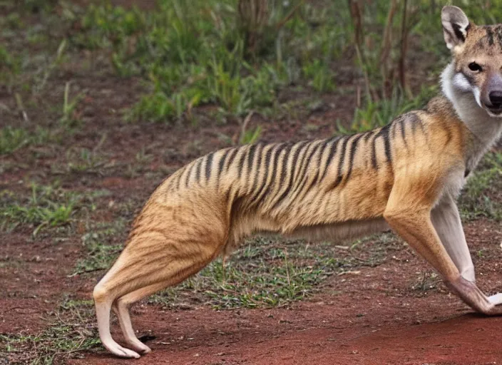 Image similar to photo of a thylacine, distinct animal, thylacine, thylacine, ‘Tasmanian (((tiger)))’, thylacine, detailed fur, long thin tail, long snout, small eyes, marsupial, drinking water from a lake, Australia, HD, National Geographic,