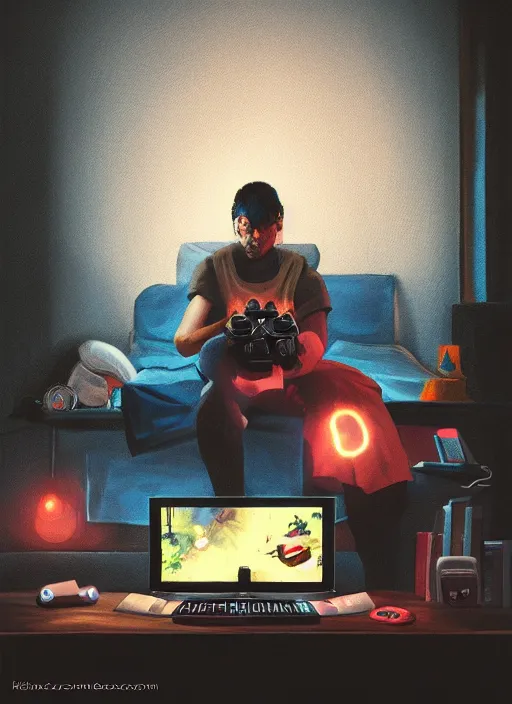 Image similar to video gamecore, gamecore, gamercore portrait of a man playin playstation 5 on his bedroom at night, cinematic perspective, trending in artstation, behance, deviantart