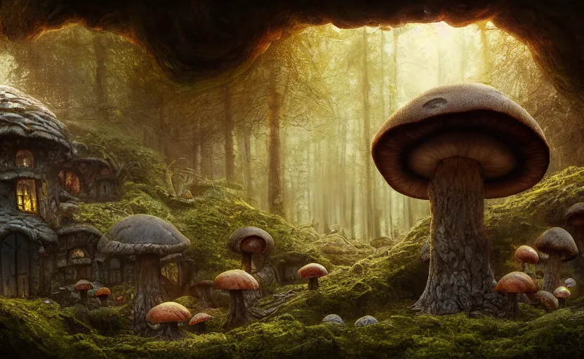 Image similar to A mushroom house in a mushroom, warm light coming from the windows, in a dark forest, macro, cool tones, underexposed, overecast, mysterious matte painting by greg rutkowski and marc simonetti and Ivan Shishkin, 4k