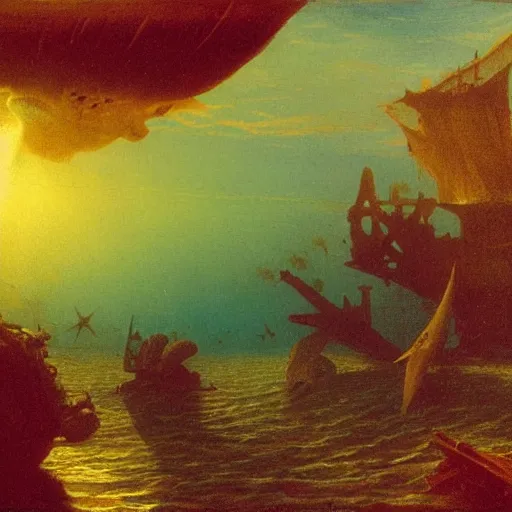 Image similar to sunset from inside underwater air bubble containing a sunken ship, many brightly colored fish and coral, leviathan, albert bierstadt, illustration