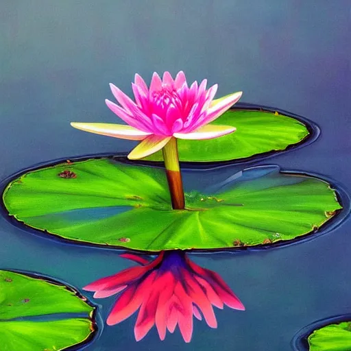 Image similar to waterlily flower, bright colors, painting, detailed, magical environment, peaceful, beautiful, artwork, realistic detail, natural lighting, brush strokes, pintrest, behance