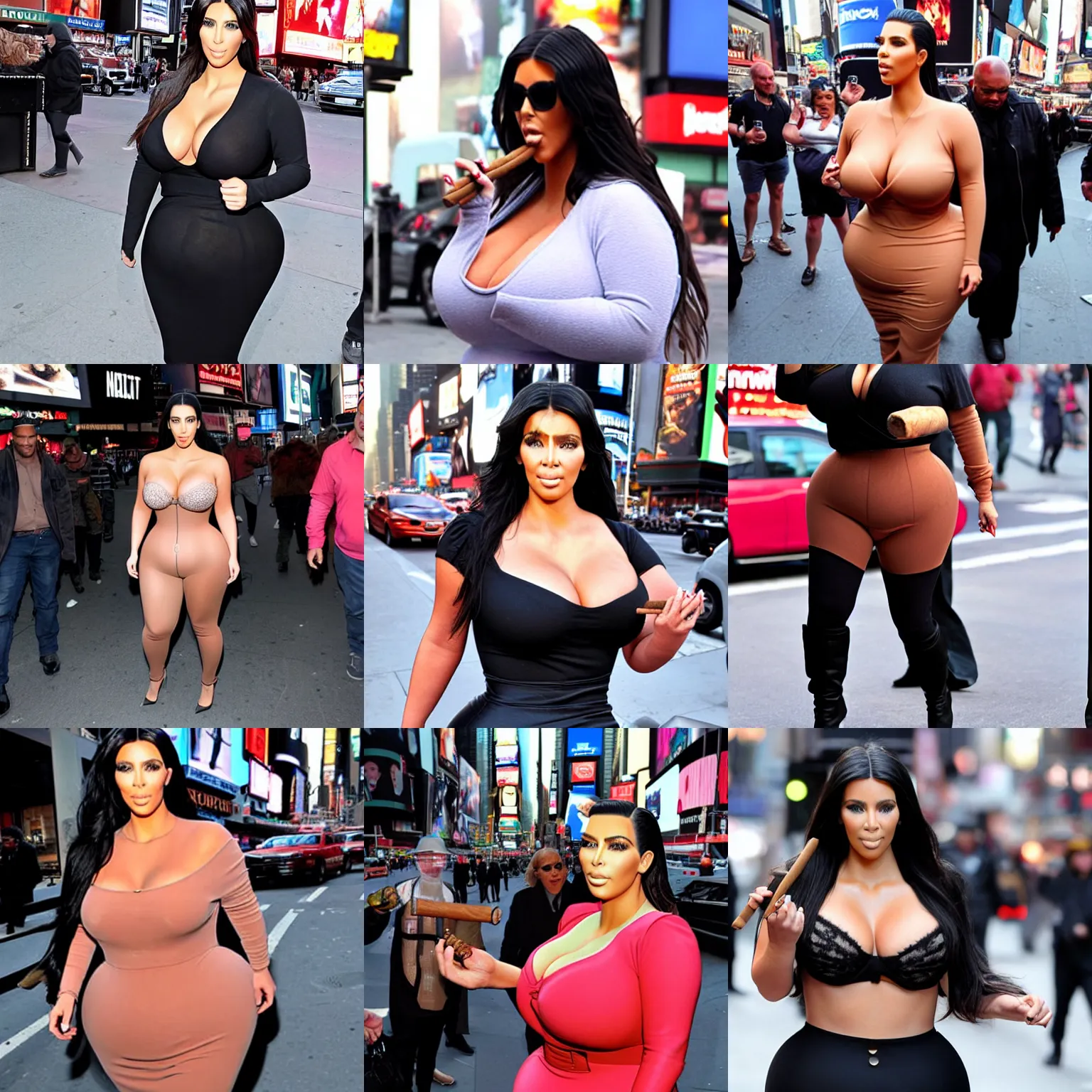 Prompt: tabloid Photograph of obese kim kardashian in times square smoking a cigar