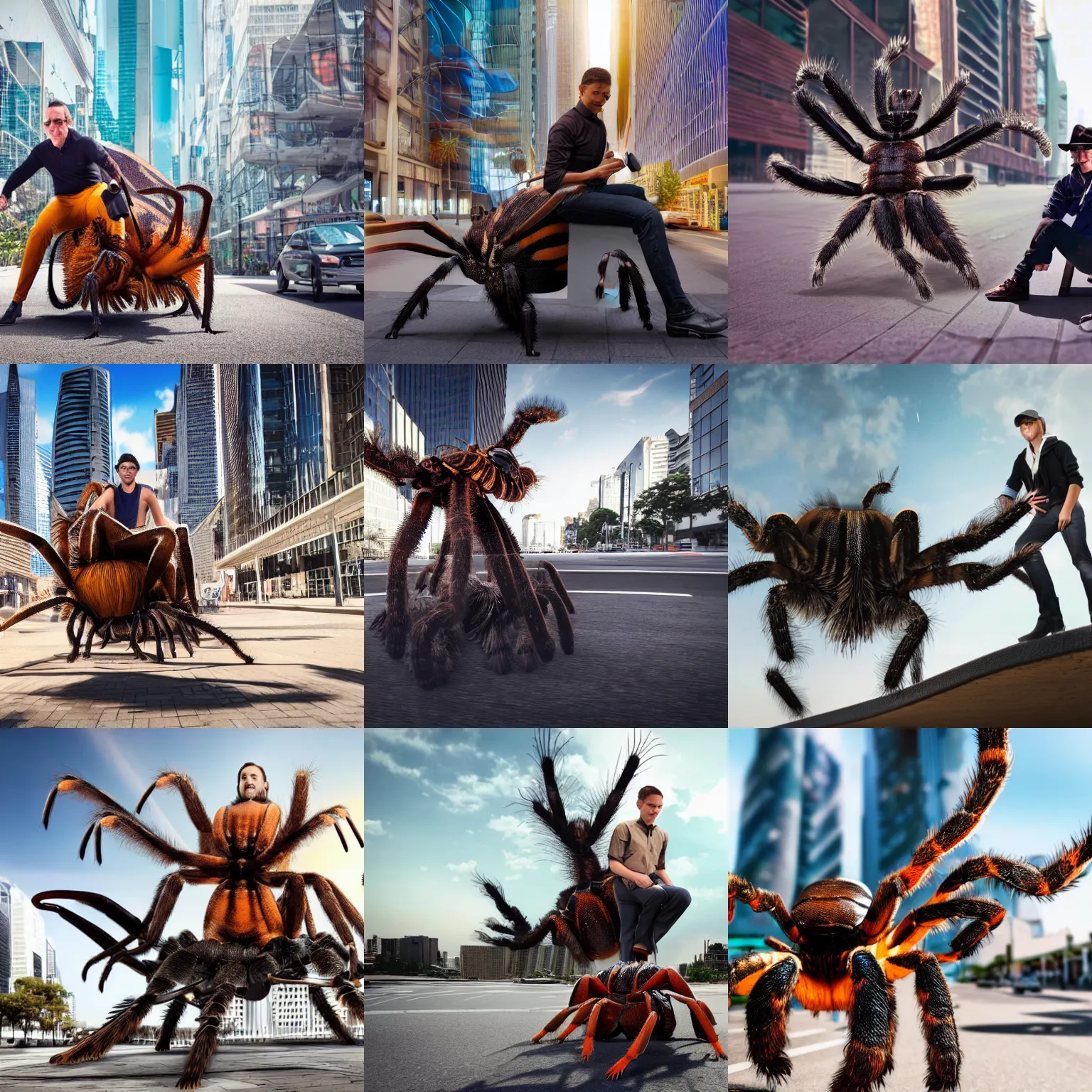 Prompt: a man sitting in a saddle on the back of a giant tarantula. photo taken in the streets of a futuristic city. new form of transportation, detailed professional 4 k photo, blurred background, outdoors