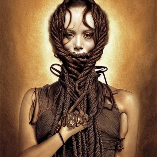 Image similar to portrait of a Shibari rope wrapped face and neck, headshot, insanely nice professional hair style, dramatic hair color, digital painting, of a old 13th century, traveler, amber jewels, baroque, ornate clothing, scifi, realistic, hyperdetailed, chiaroscuro, concept art, art by Franz Hals and Jon Foster and Ayami Kojima and Amano and Karol Bak,