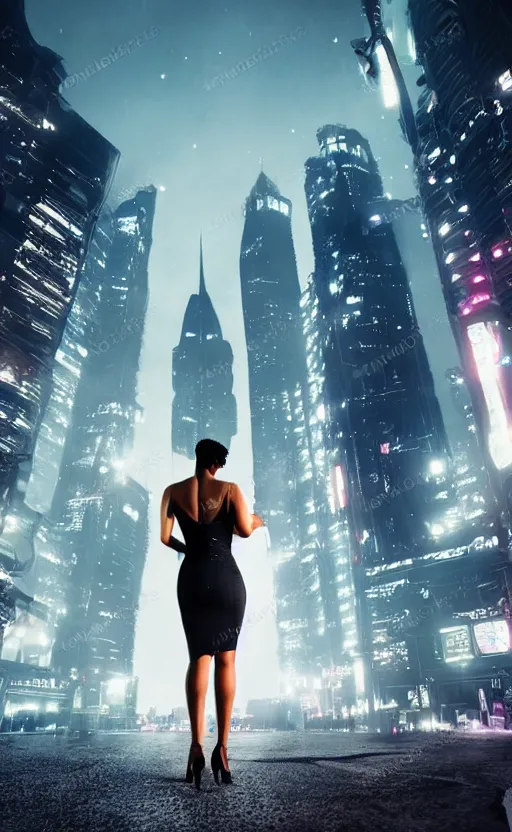 Prompt: Elegant Black woman in dress and heels with her back to us, looking at a futuristic Blade Runner city” 8K