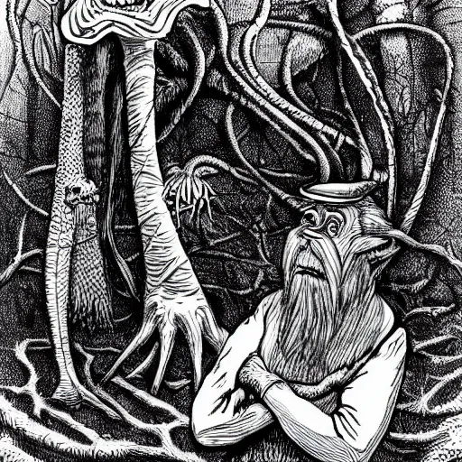 Image similar to so rested he by the tumtum tree and stood awhile in thought | by lewis carroll and hp lovecraft with doctor seuss and hr giger